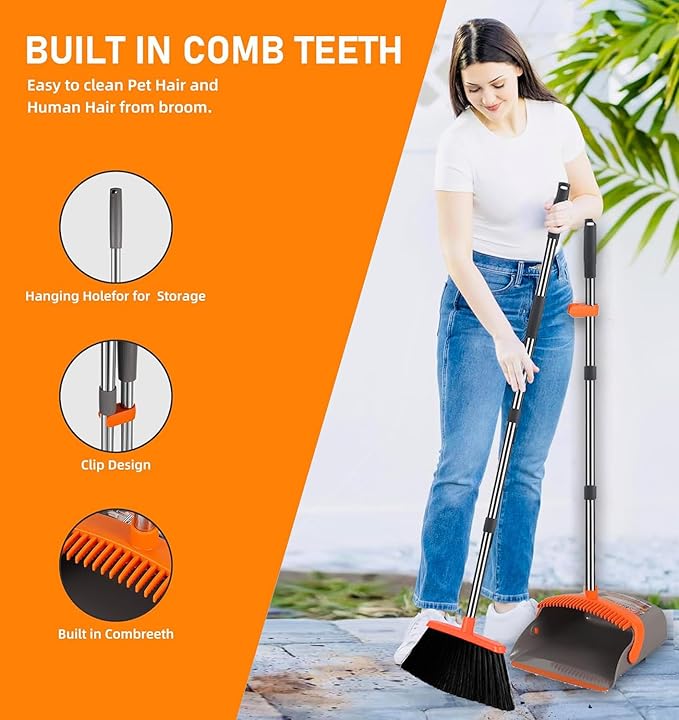 2-Pack is More economicalUpgraded Broom and Dustpanwith 52 Long Handle Dustpan Teeth with self-Cleaning Function Indoor and Outdoor Sweeping Perfect for Home Office (Large Size/Orange /2-Pack)