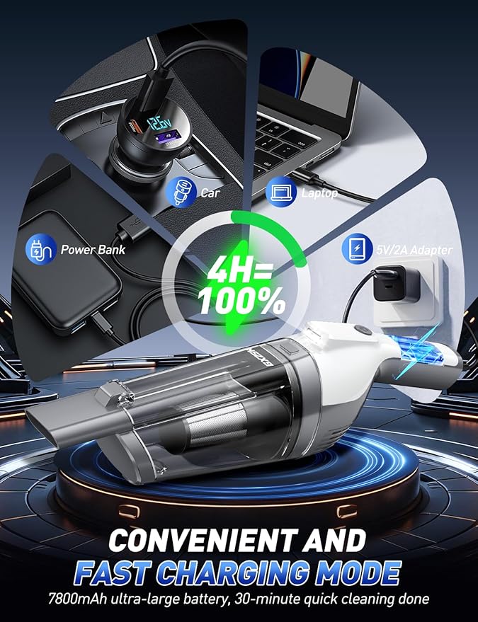 Handheld Vacuum Cordless 15000PA Powerful Suction Hand Held Vacuum Cleaner Car Vacuum Portable Cordless with Large-Capacity Dust Bin &amp LED Light High Power Dust Busters for Home Car Office P