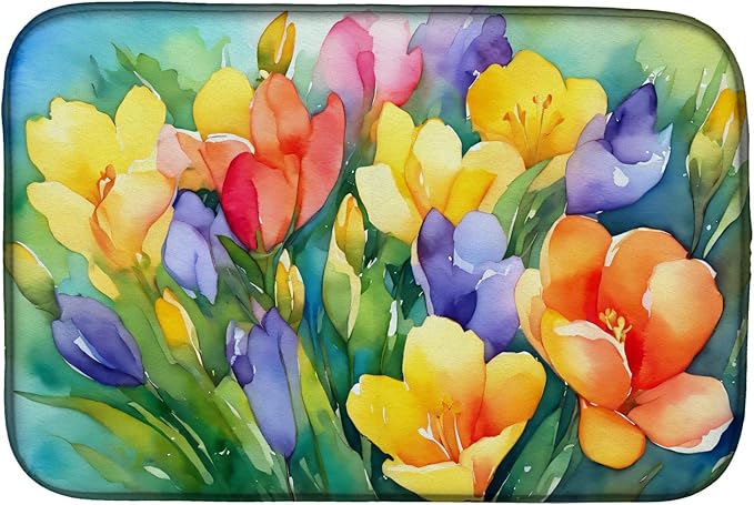 Caroline's Treasures DAC1567DDM Freesias in Watercolor Dish Drying Mat Absorbent Dish Drying Mat Pad for Kitchen Counter Dish Drainer Mat for Countertop 14 x 21 Multicolor
