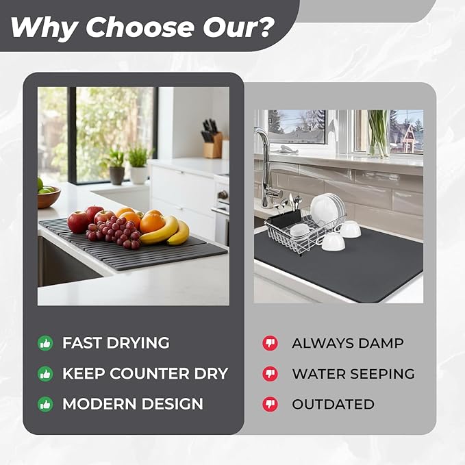 Stone Dish Drying Mat - Foldable Quick-Drying Diatomaceous Earth Anti-Slip Mat for Kitchen Counter Absorbent &amp Eco-Friendly Drying Mat Kitchen Counter