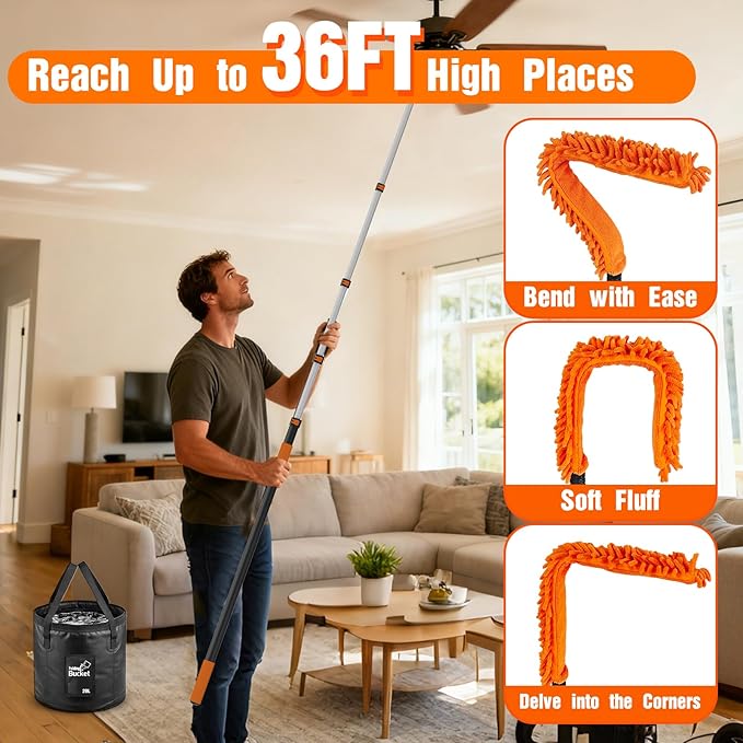 36FT Reach High Ceiling Duster Kit Window Cleaning kit with 7-30FT Extension Pole Fan Duster for Ceiling Fan Blades Microfiber Feather Duster Window Squeegee Bucket and Cobweb Duster