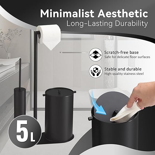 BVL Bathroom Trash Can with Toilet Paper Holder &amp Toilet Brush Stainless Steel Matte Black 1.32 Gallon Wastebasket with Lid Space-Saving Bathroom Accessories