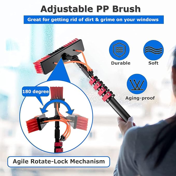 Water Fed Pole Kit Adjustable Window Cleaning Pole 180° Rotatable Brush Head Telescopic Cleaning Brush Outdoor Glass Solar Panel Spray Washer Washing Equipment12FT/3.6M