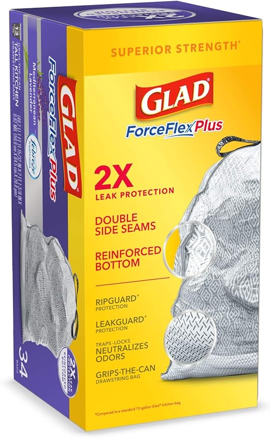 Glad Trash Bags ForceFlexPlus Tall Garbage Drawstring Garbage Bags - 13 Gallon Grey Trash Bag Lavender with Febreze Freshness 34 Count (Package May Vary)