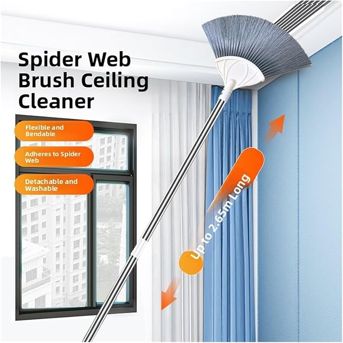 Exble Long Broom for Household Dust Cleaning Spider Web Swee Ceiling Removal Feather Duster Round Head Bru(Ceiling Flat Head)