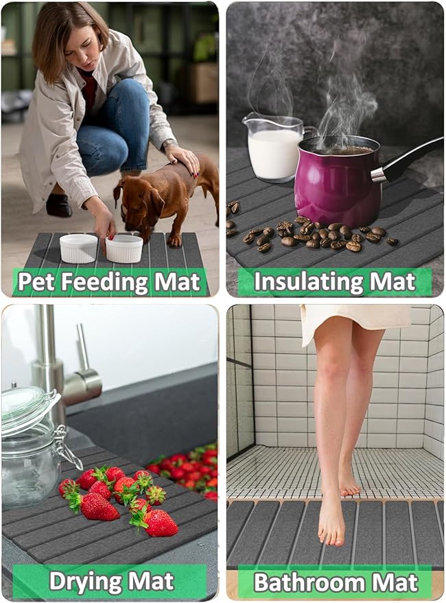 Large Stone Dish Drying Mat for Kitchen Counter 24x16 Inches Foldable Food-grade Material Super Absorbent Diatomaceous Earth Mats with Self-drying for Dishes Sink Bathtub Dark Grey