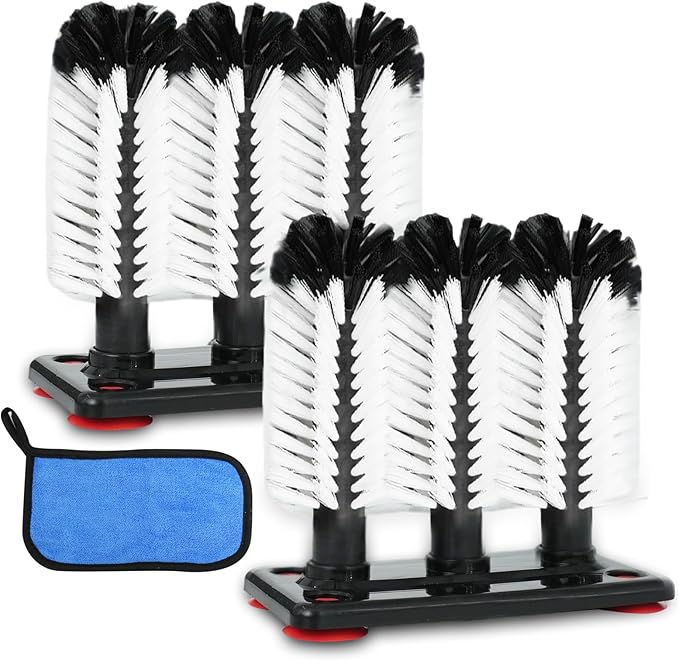2 Pcs Water Bottle Cleaning Brush 7.3 x 3.7 x 7.5 Inch 3 Head Bristle Bar Glass Washer with Suction Base Washer Brush Cleaner for Cup Sink Wine Glass Bar Beer Cup