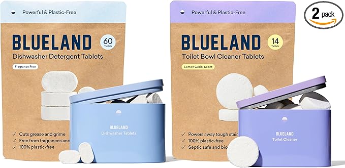 BLUELAND Dishwasher &amp Toilet Cleaner Duo | Dishwasher Detergent Tablet Starter Set | Toilet Bowl Cleaner Starter Set | No Harsh Chemicals Plant-Based | Natural Sustainable