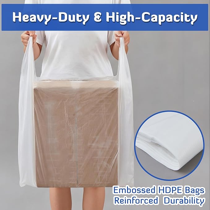300 Pack 29 x 16 x 6 Inch Extra Large White Plastic Shopping Bags(0.5 Mil Thick) Reusable Heavy Duty Large T-Shirt Grocery Bags Bulk with Handles for Restaurant Retail Business