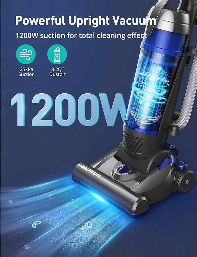 Upright Vacuum Cleaner Aspiron 1200W 25kPa 5-Mode Bagless Vacuum Cleaner with Crevice Tool &amp Extension Wand3L Dust Cup with HEPA Filter Upright Vacuum for Carpet Pet HairHard FloorTile Parti