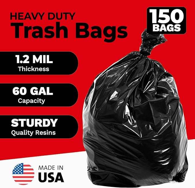 ToughBag 55-60 Gallon Heavy Duty Trash Bags - 150 Count Large Black Garbage Bags - Made in USA