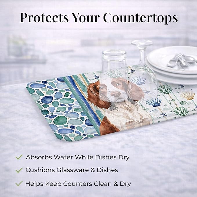 Caroline's Treasures Liver and White English Springer Spaniel Coastal Sea Glass Dish Drying Mat Absorbent Dish Drying Mat Pad for Kitchen Counter Dish Drainer Mat for Countertop 14 x 21 Multicolor