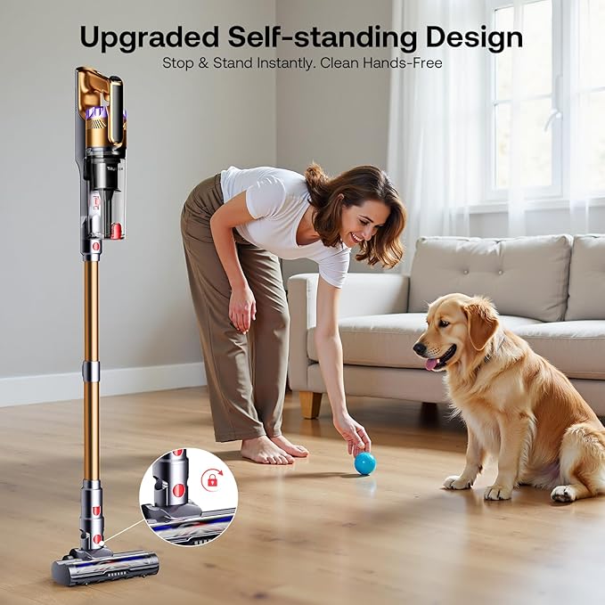 Trucozie Cordless Vacuum Cleaner Self-Standing Lightweight Stick Vacuum with 50 mins Runtime Powerful Suction Anti-Tangle Wireless Vacuum for Home Hardwood Floor Carpet Pet Hair Gold