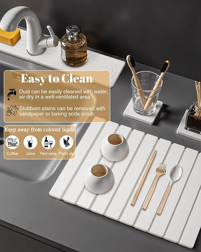 3PCS Set Large Stone Drying Mat for Kitchen Counter Foldable Collapsible Fast Drying Stone Dish Mat Water Absorbing Natural Diatomaceous Earth Bath Mat Quick Dry Stone Tray Bathroom Countertop White