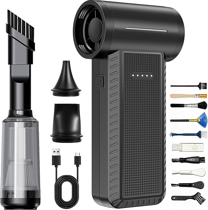 Electric Air Duster &amp Vacuum Cleaner 130000 High-RPM Brushless Motor Compressed Air Blower Cordless with Inflating Battery Powered 15-Piece PC Cleaning Kit for Leaves Cars Computers Office