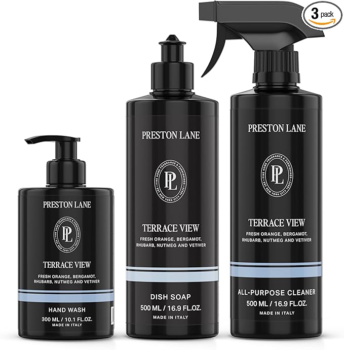 Preston Lane Luxury Kitchen Set – Hand Wash Dish Soap &amp All-Purpose Cleaner | Plant-Powered Cleaning Essentials Bundle with Fine Italian Fragrance Terrace View Scent