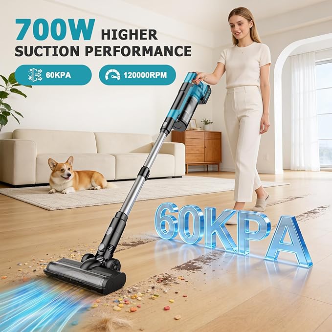 700W Cordless Vacuum Cleaner 60kPa Portable Stick Vacuum with 3 Modes 6 in 1 Stick Vacuum Cleaner Brushless Motor 3 Modes for Floor Carpet Car