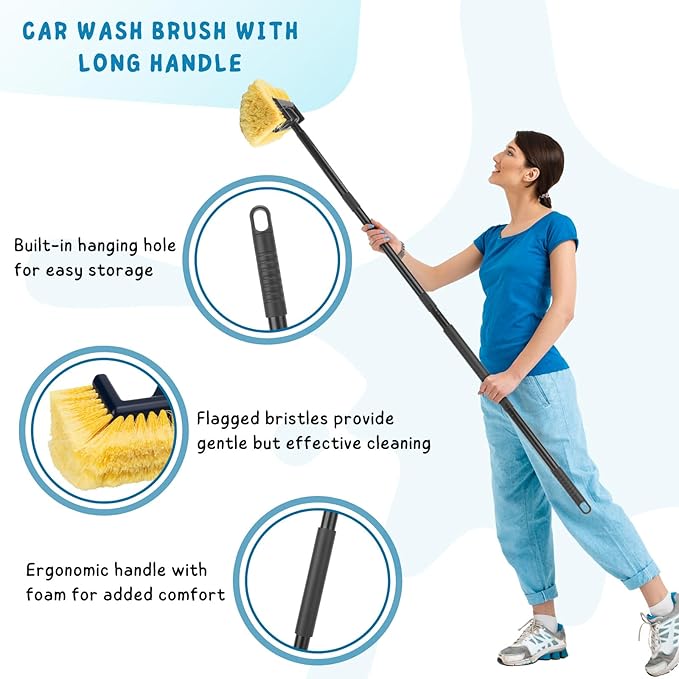 Car Wash Brush with Long Handle 58.5'' Soft Bristle Cleaning Tool for Truck Exterior RV Boat Solar Panel Deck Washing 2 Wax Applicator Pads Included