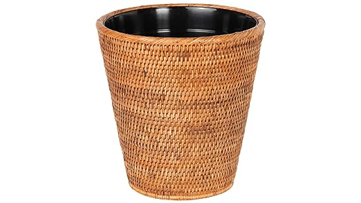 Mekomy KOUBOO La Jolla Rattan Wastebasket with Plastic Insert Handmade Trash Can Small Wastebasket Bedroom Bathroom Vanity RV Dorm Honey Brown