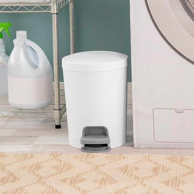 Sterilite 1.6 Gallon StepOn Wastebasket w/Lid Small Plastic Trash Can for the Bathroom Bedroom or Dorm Pedal and Liner White 2-Pack