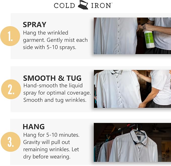 Cold Iron Wrinkle Release Spray for Clothes. 32 fl oz. Citrus Mint &amp Atlas Travel Size 3 fl oz Sea Breeze. Fast Easy to Use Ironing Alternative. Spray Smooth Hang. Award Winning