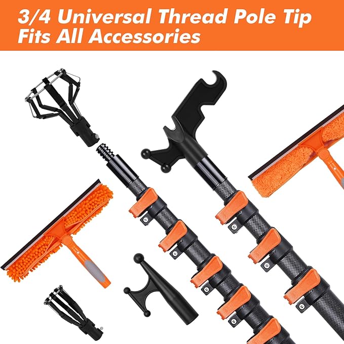 Window Washing Kit with Extension Pole 4.7 to 24FT Long Squeegee for Window Cleaning Indoor Outdoor Carbon Fiber Telescopic Pole for Window Cleaner Tool with Microfibre Pad &amp Chenille Cloth