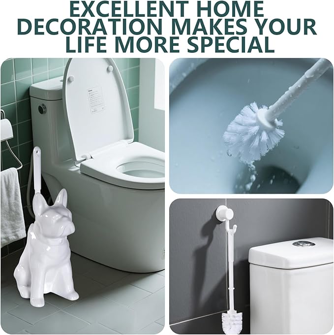 Toilet Brush Holder Set for Bathroom Cute Dog Base Solidly Toilet Bowl Brush Holder and Decorative Bathroom Ceramic Cleaning Kit with Brush and Holder (White)