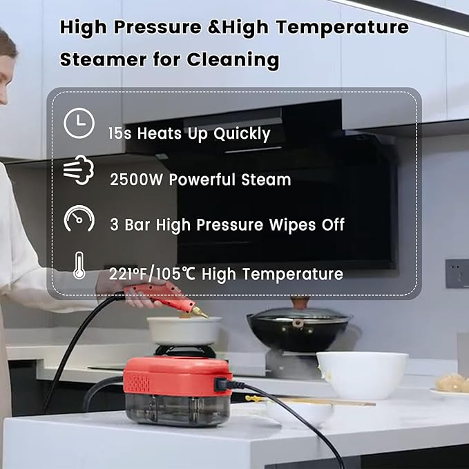 2500W Handheld Steam CleanerPortable Car Steamer For Auto DetailingHigh-Temperature and Pressure Steam Cleaner For Home Steam Cleaning Machine for FurnitureKitchenGroutFloorTile (5-Red)