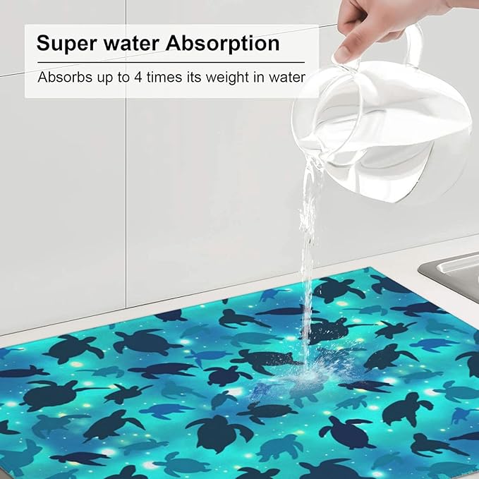 Sea Turtles Blue Dish Drying Mat For Kitchen Counter Absorbent Microfiber Dishes Pad Dish Drainer Rack Mats Fast Dry Reusable Washable Large 18x24