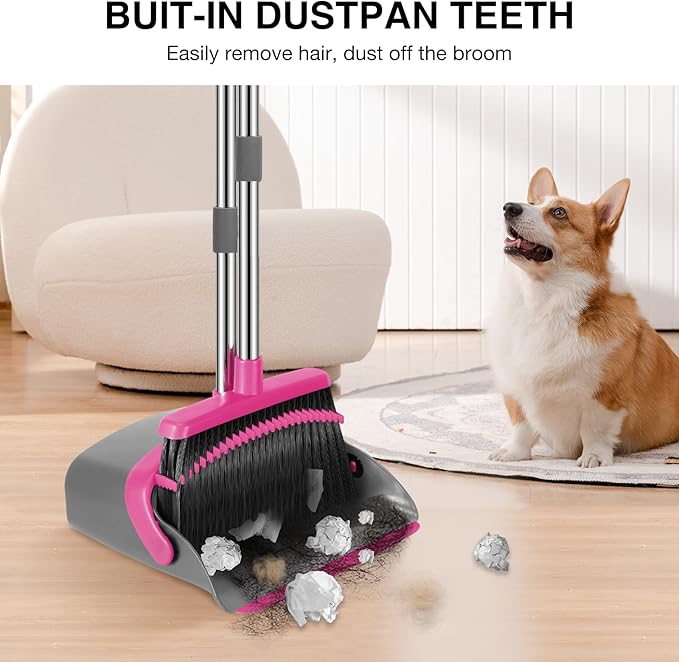 NACENA Broom and Dustpan Set 52-in Long Adjustable Handle Broom Dustpan Combo with Dustpan Teeth to Automatically Clean Hair Suitable for Home Kitchen Office Hall Floor（Grey&ampRose）
