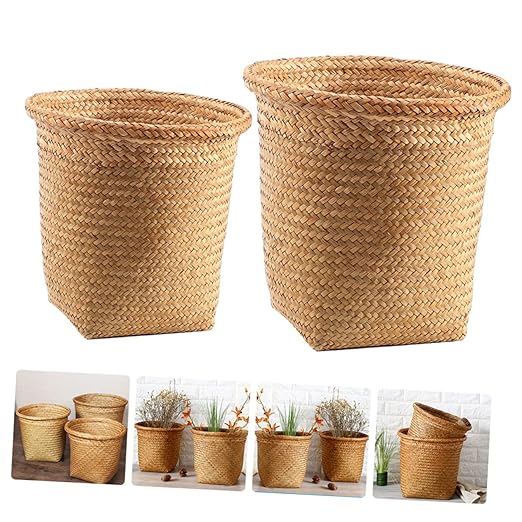 Kichvoe Seagrass Trash Can 2pcs Round Wicker Waste Basket Boho Woven Garbage Bin Laundry Hamper Basket Rattan Plant Pot Cover for Kitchen Bathroom Home Office