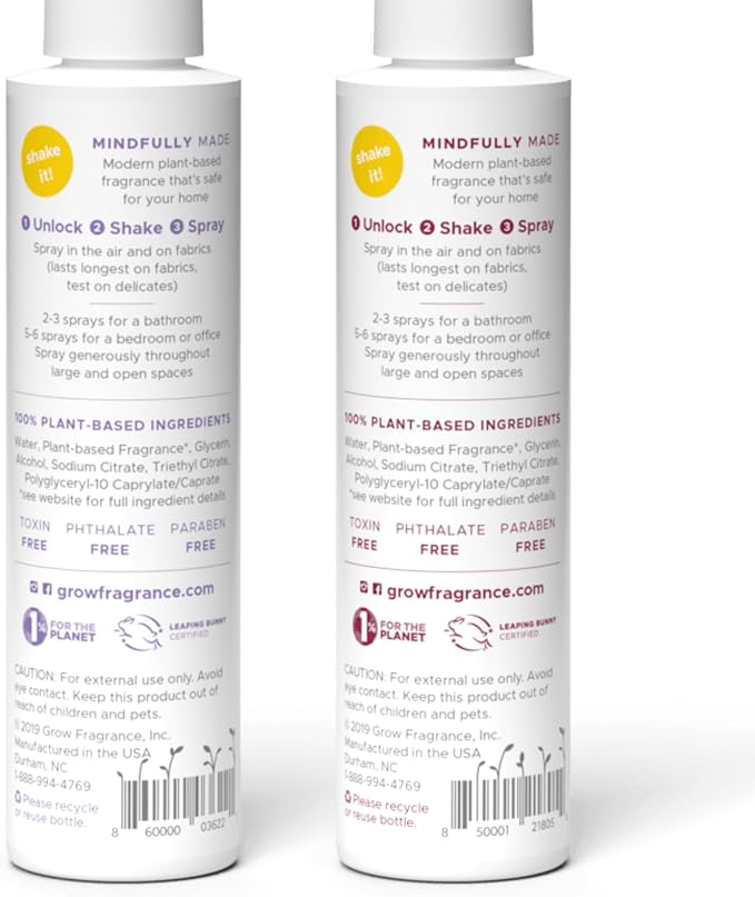 Grow Fragrance Scented Fabric and Room Air Freshener Spray - Certified Non-Toxic 100% Plant-Based Essential Oils - 5 oz (Lavender Blossom + Black Currant Rose 2-Count)