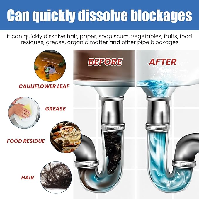 Drain Cleaner - Unclog Kitchen Sink Bathroom Drain Toilet Hair &amp Grease Remover Deodorizer Safe for All Pipes(2PCS)