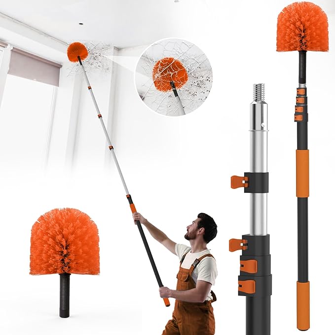 15FT Reach Cobweb Duster with Extension Pole - Spider Web Brush for Cleaning with 3-12FT 4-Section Flip-Lock Telescopic Pole Effortlessly Cleans High Indoor &amp Outdoor Webs