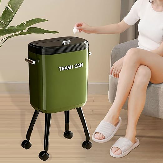 Garbage Can with Legs Dustbin High Foot 15L Large Capacity Household No Bending Wastebasket for Office Bedroom Kitchen Toilet Green with Caster