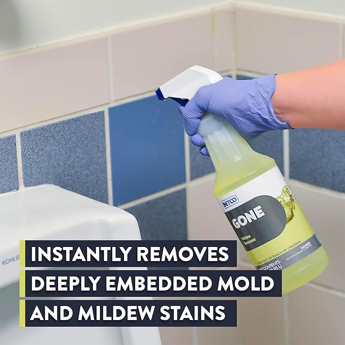 GONE Instant Mold &amp Mildew Remover - 12.5% Bleach Industrial-Strength Cleaner Stain Removal on Shower Siding Bathroom Tile Grout Trim Boats and Outdoor Furniture 1-Quart Spray Bottle