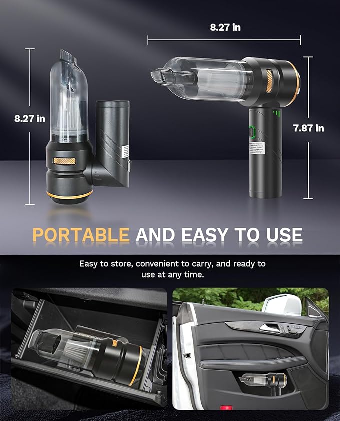 Baiwade Foldable Cordless Handheld Car Vacuum Cleaner 15000PA High Power 2-in-1 Mini Vacuum Duster &amp Inflator with 3-Speed Brushless Motor for Car Care Home Office Pet