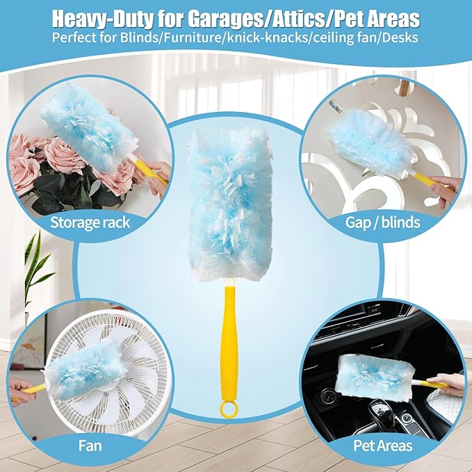 40 Count 360° Heavy Duty Duster Refills Compatible with Swiffer Large Size-Extra Thick Disposable Electrostatic Duster Refill with 1 Short Handle for Furniture Blinds Ceiling Fans