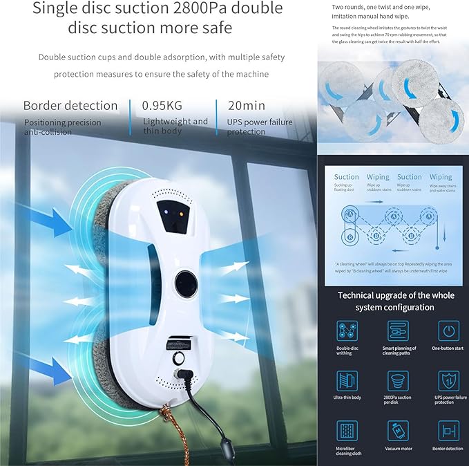 Automatic Smart Window Cleaning Robot – Edge Detection Smart Spray &amp Streak-Free Shine Robot Window Cleaner Inside/Outside Strong Suction Anti-Drop Protection for Glass Walls Shower Doors