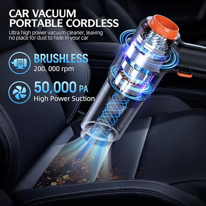 Car Vacuum Portable Cordless 50000Pa High Power Rechargeable Dust Buster with 2 Batteries &amp Charger 6-in-1 Handheld Vacuum Cleaners for Home Car Pet Hair Keyboard Graphite Black