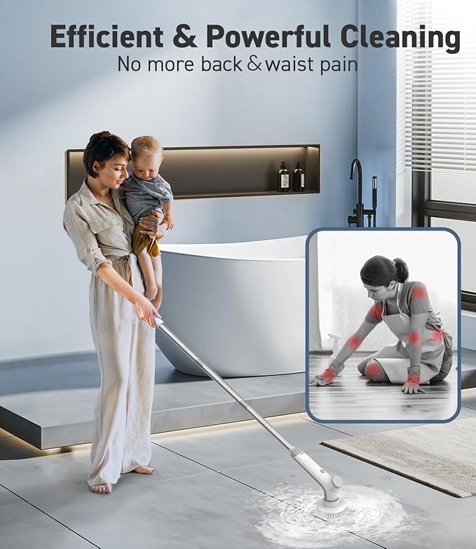 VEWIOR Electric Spin Scrubber Cordless Cleaning Brush with 3 Adjustable Angle 2 Speeds 3 Replaceable Brush Heads for Floor Bathroom Tub Tile Kitchen Window