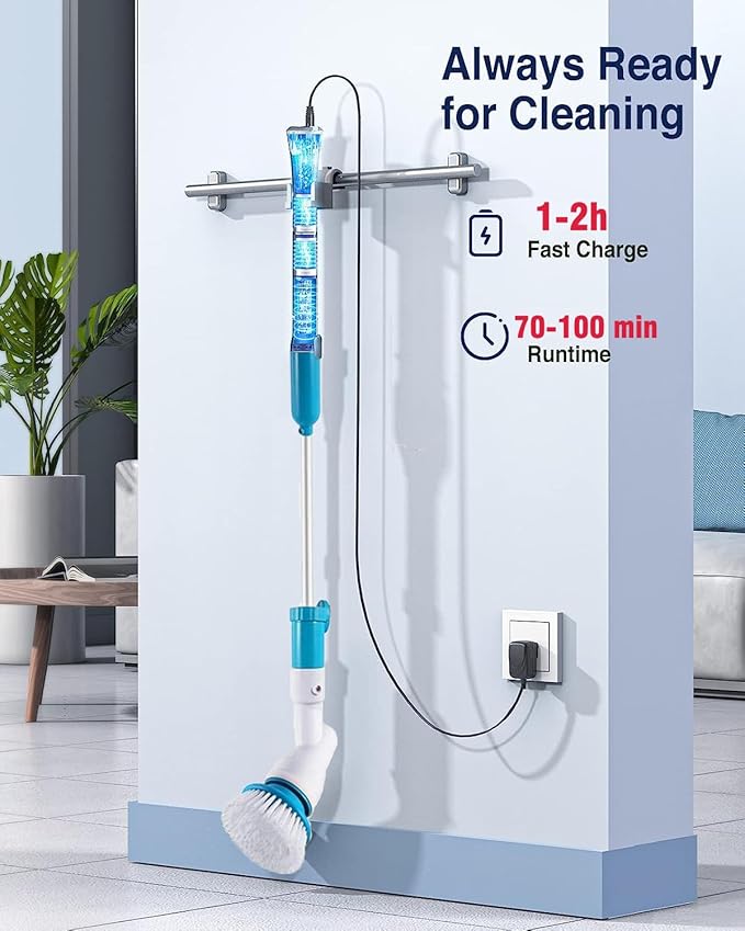 Electric Spin Scrubber360 Cordless Tub and Tile ScrubberMulti-Purpose Power Surface Cleaner with 3 Replaceable Cleaning Scrubber Brush HeadsExtension Handle Shower Scrubber for Bathroom Floor Tile