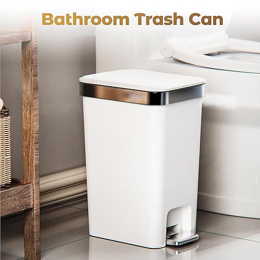 Small Bathroom Trash Can with Lid Soft Close 10 Liter/2.6 Gallon Slim Garbage Can-Metal Step and Press top Lid Mini Modern Waste Basket for Toilet Office BedroomDormGrayish-White