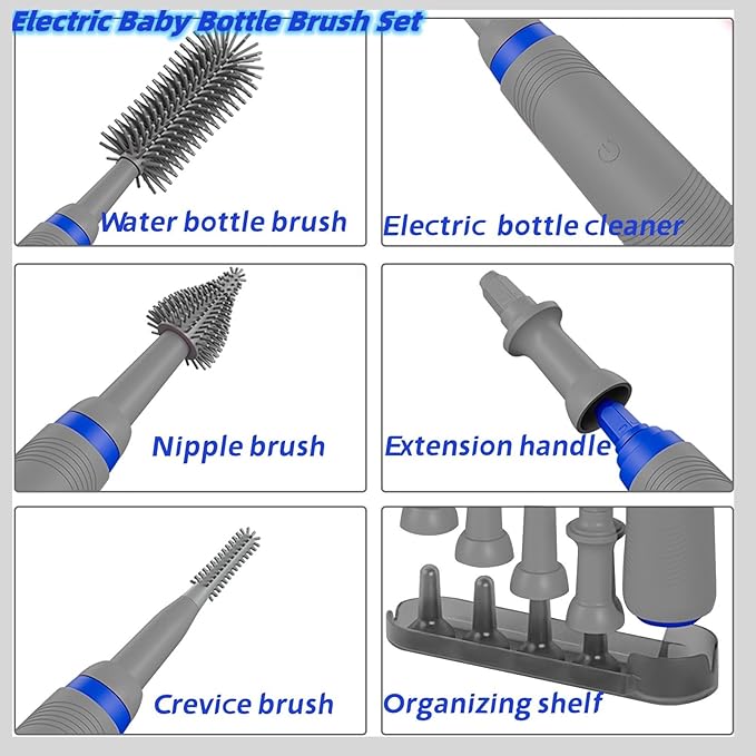 Electric Baby Bottle Cleaner with Drying Rack Silicone Bottle Brush Set Easy-Grip Handle Rechargeable/Waterproof Spinning Brush Grey