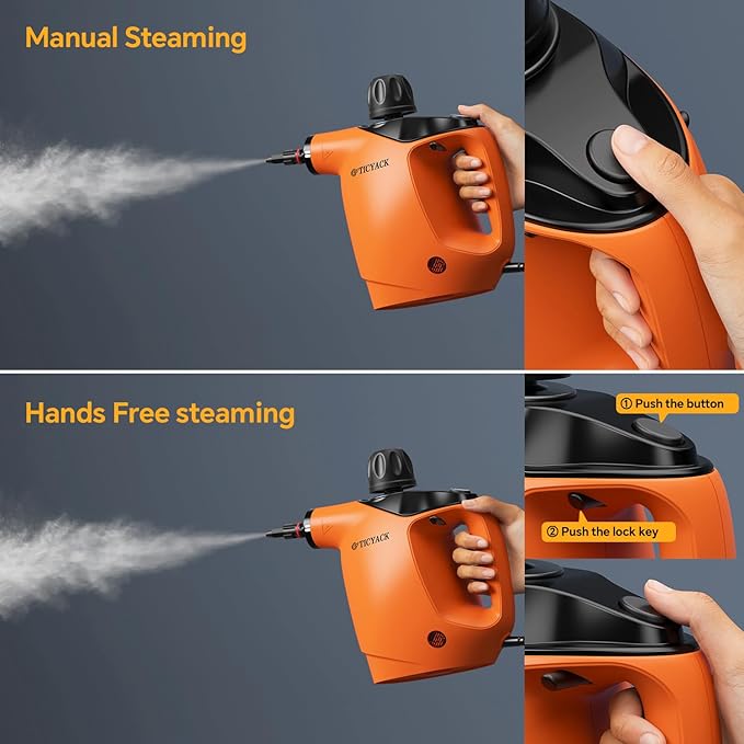 Handheld Steam Cleaner Steam Cleaner with 16 PCS Accessory &amp Safety Lock 500ML Capacity Multi-Surface Deep Cleaning for Home Car Bathroom Grout Floor Window (Orange)