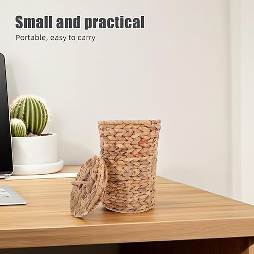 ABOOFAN Rustic Woven Wastebasket with Lid Seagrass Trash Can for Kitchen Bathroom and Bedroom Breathable Design for Easy Maintenance and Stylish Functionality