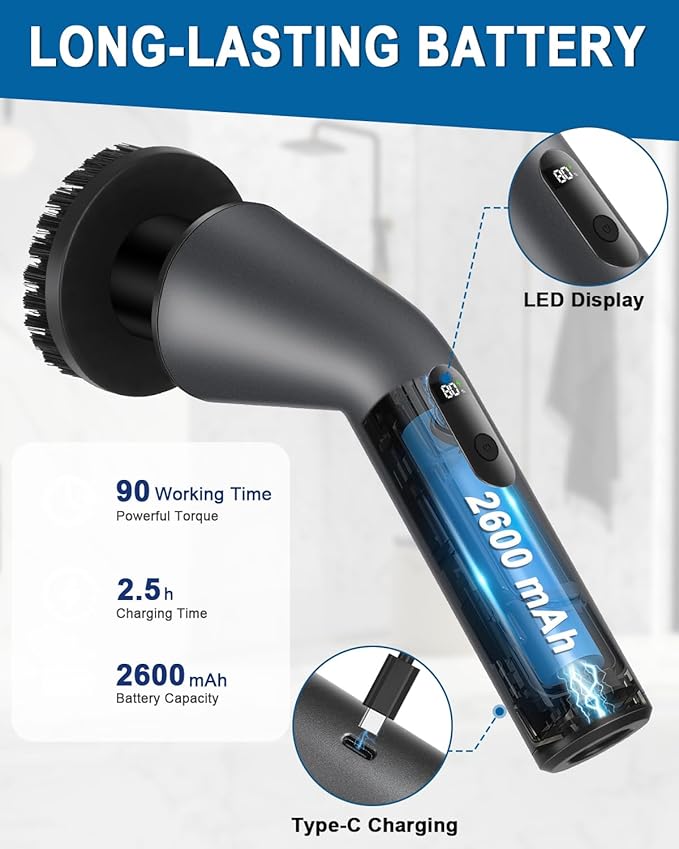 Electric Spin Scrubber -[Upgraded Version] [IPX7 Waterproof] Bathroom Scrubber Electric with 7 Brush Heads 2 Speed 400 RPM Power Scrubber with Detachable Long Handle for Bathroom Home