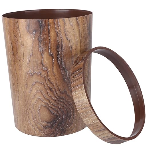 Healifty Vintage Wood Grain Trash Can Large Round Wastebasket for Bedroom Kitchen Living PP Material with Bag Holder Home Office Container