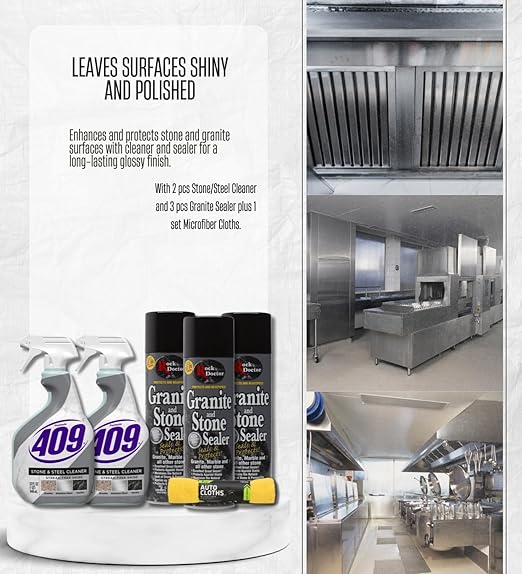 2x Formula 409 Multi-Surface Cleaner 32 oz Spray + 3x Granite Sealer Bundle with Microfiber Towel – Cleans Seals &amp Protects Stone and Steel Surfaces – Gift Set (6 Items)