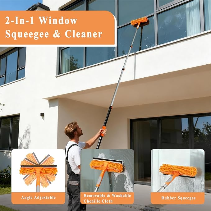 20ft High Ceiling Duster Kit with 4-12ft Heavy-Duty Extension Pole Cobweb Duster Ceiling Fan Duster Window Squeegee &amp Cleaner Microfiber Duster Wall Mop for Home High Reach Cleaning